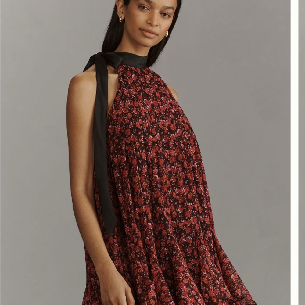 Anthropologie pink and Black Floral Mini Dress- like new !